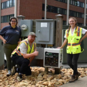 Solar-Ops technicians Calian Micallef, Jack Lundie, and Caroline Piephoff. Both Jack (STBE) and Caroline (Physics) are App State alumni.