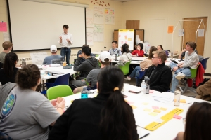 D. Jason Miller, associate professor in the Department of Sustainable Technology and the Built Environment, facilitates a design thinking workshop with the Holland Fellows encouraging them to think outside the box while developing business plans and solutions to eliminate plastic waste. Photo by Chase Reynolds